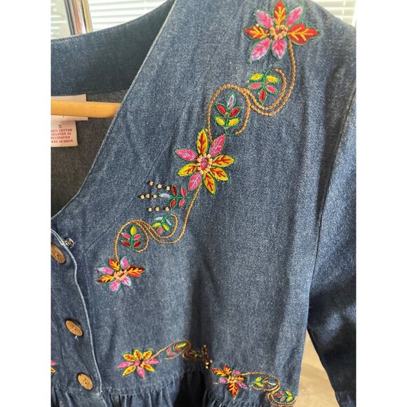 Go Softly Patio Blue Denim Half Sleeve Button Down Embroidered Dress SZ Small - Picture 5 of 7